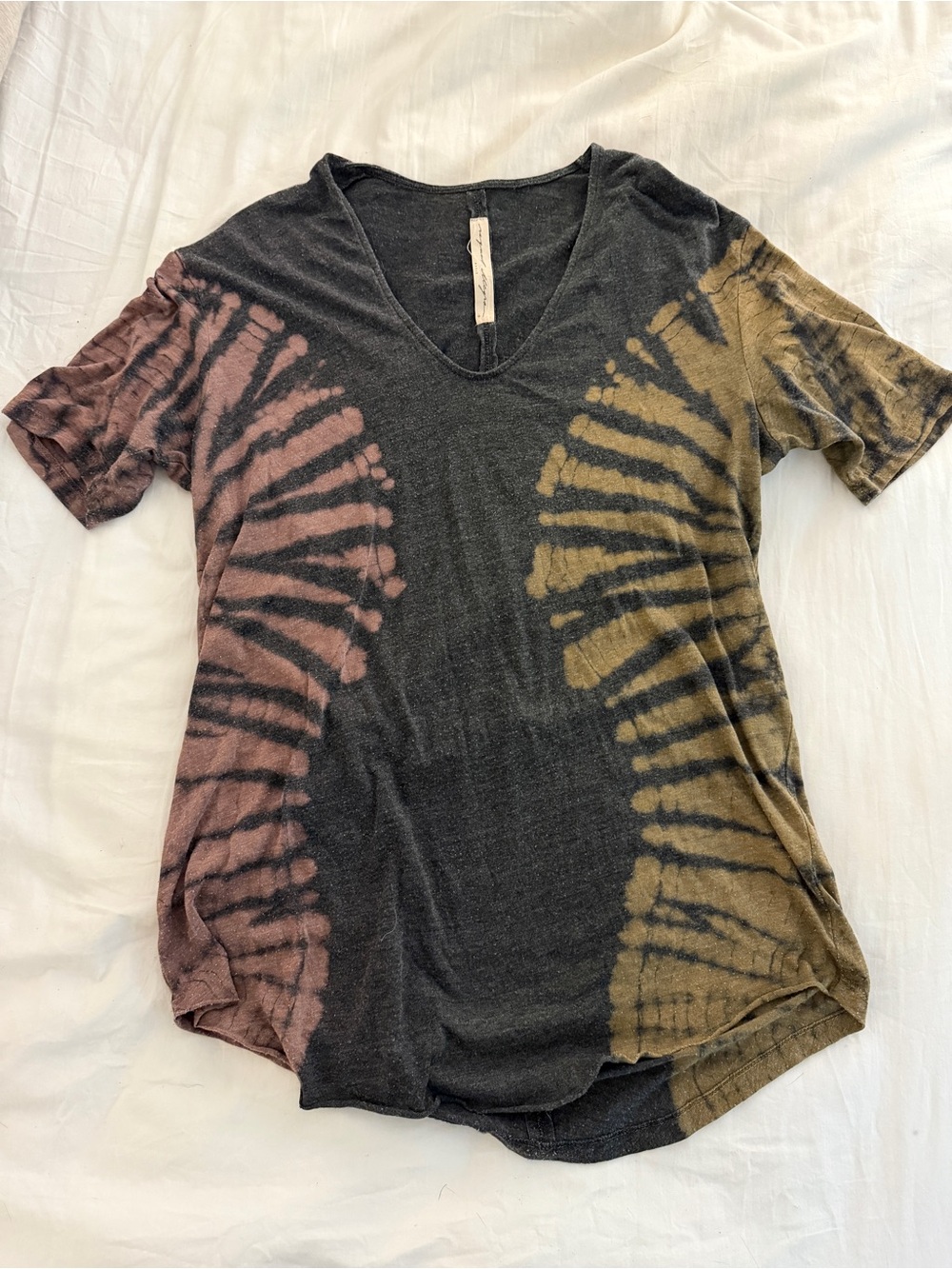 Raquel Allegra V-Neck Tie-Dye Tee with Pink and Olive Accents